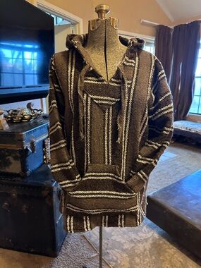 Men's Brown Striped Baja-Style Crewneck Hoodie Sweater